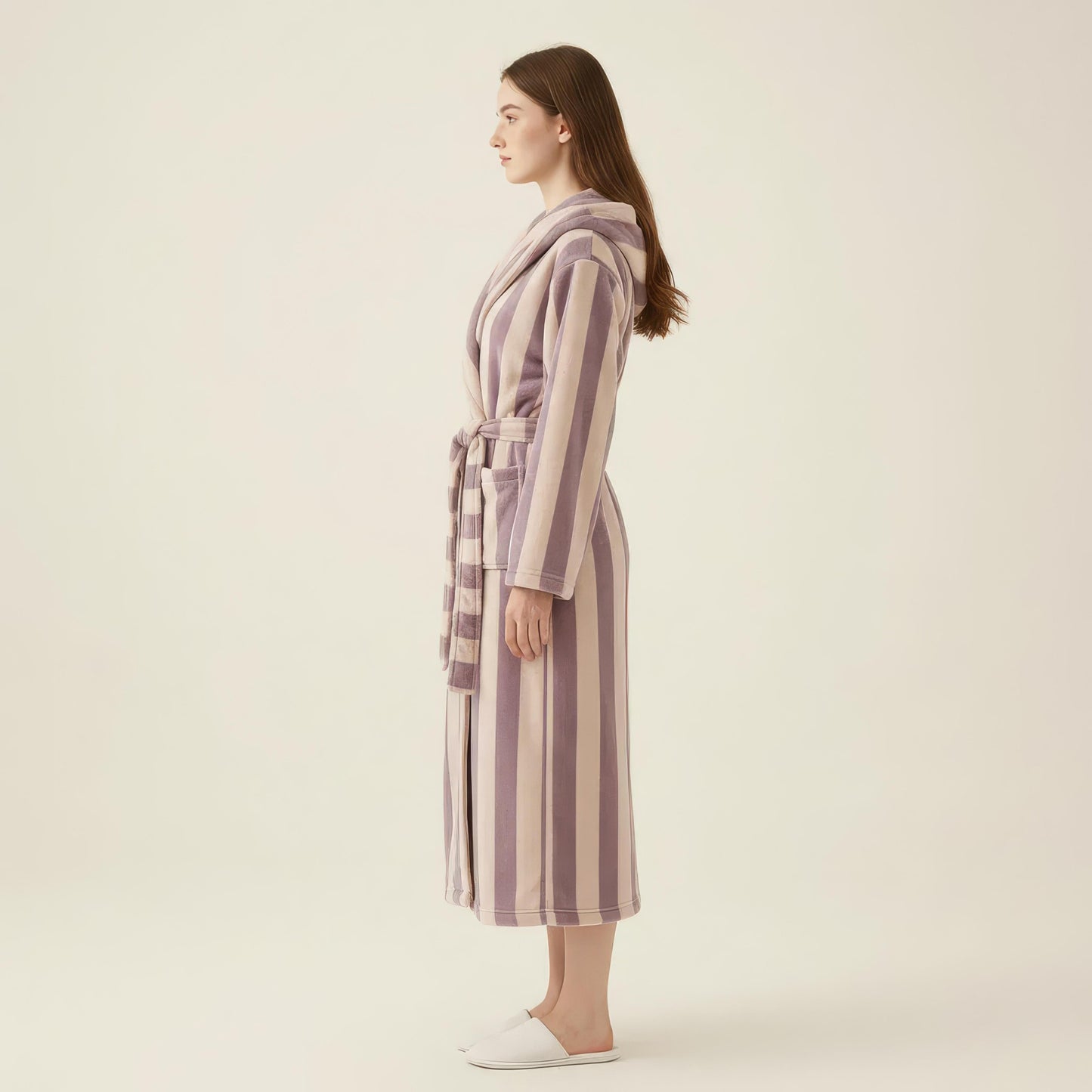 Striped Plush Long Robe with Shawl Collar Tie Waist Belt Soft Textured Full Length Bathrobe