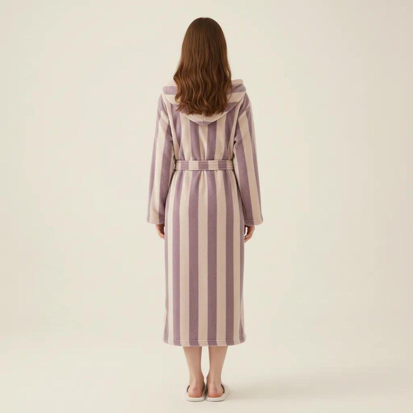 Striped Plush Long Robe with Shawl Collar Tie Waist Belt Soft Textured Full Length Bathrobe