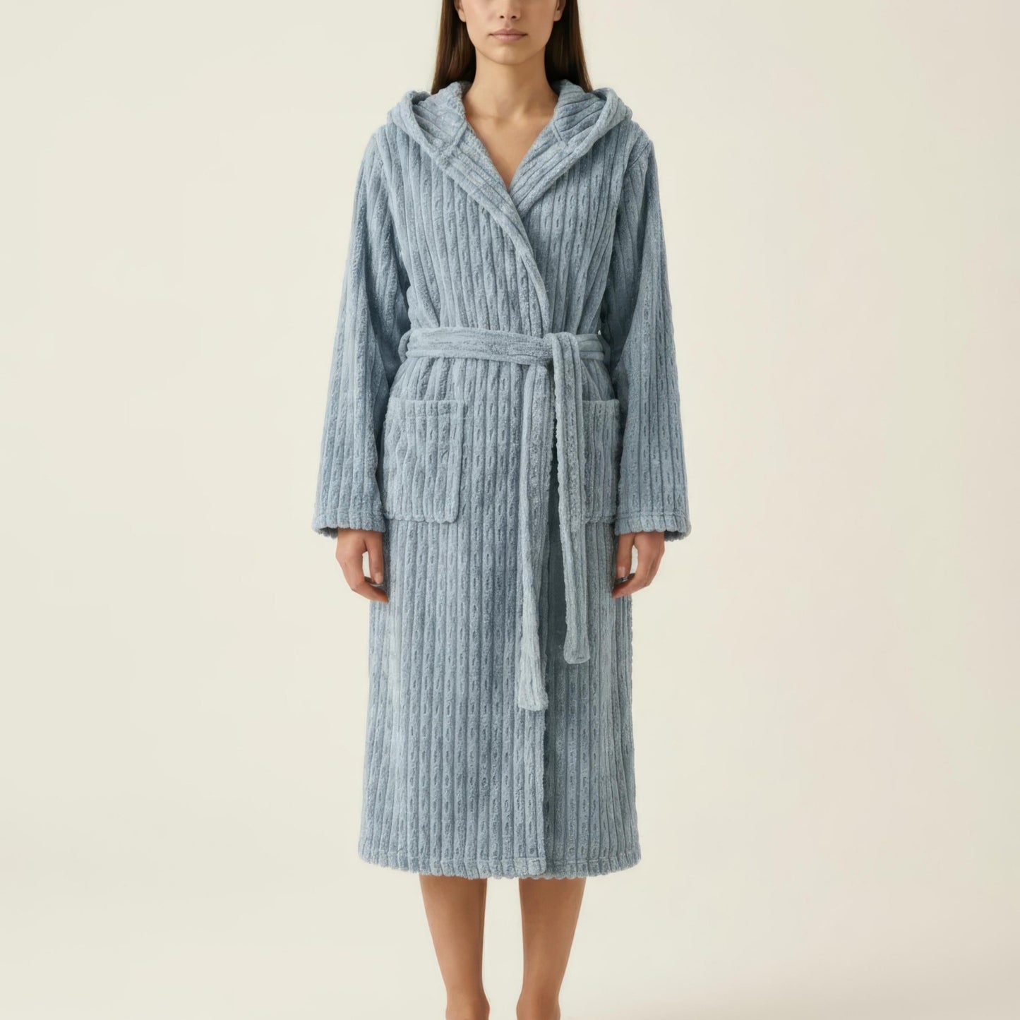 Hooded Plush Long Robe with Tie Waist Belt Textured Soft Warm Full Length Bathrobe