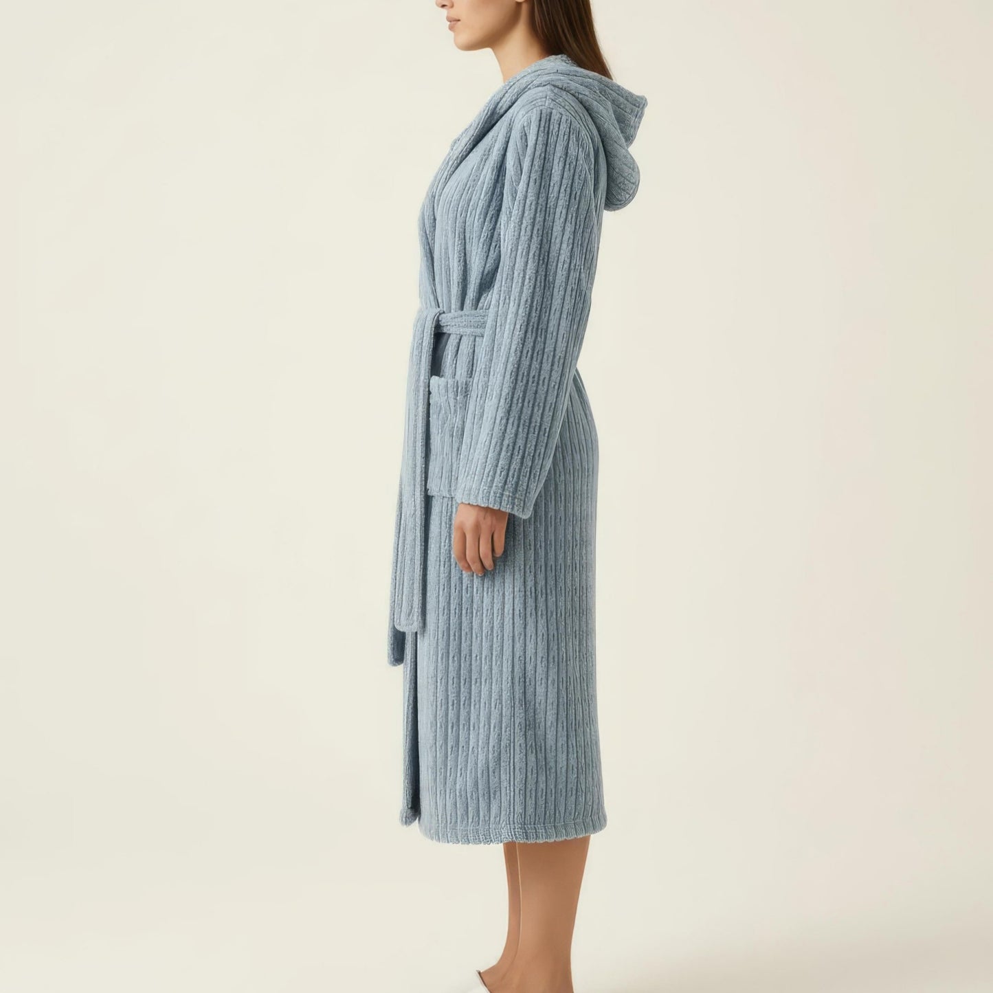 Hooded Plush Long Robe with Tie Waist Belt Textured Soft Warm Full Length Bathrobe