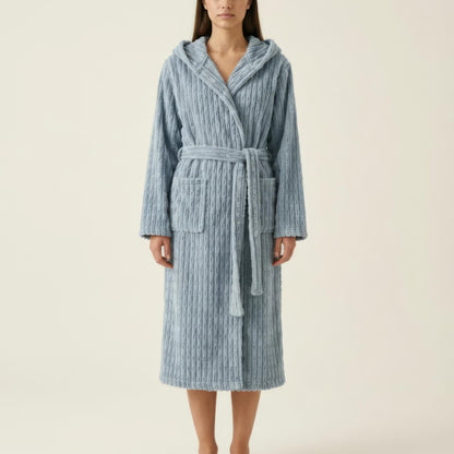 Hooded Plush Long Robe with Tie Waist Belt Textured Soft Warm Full Length Bathrobe