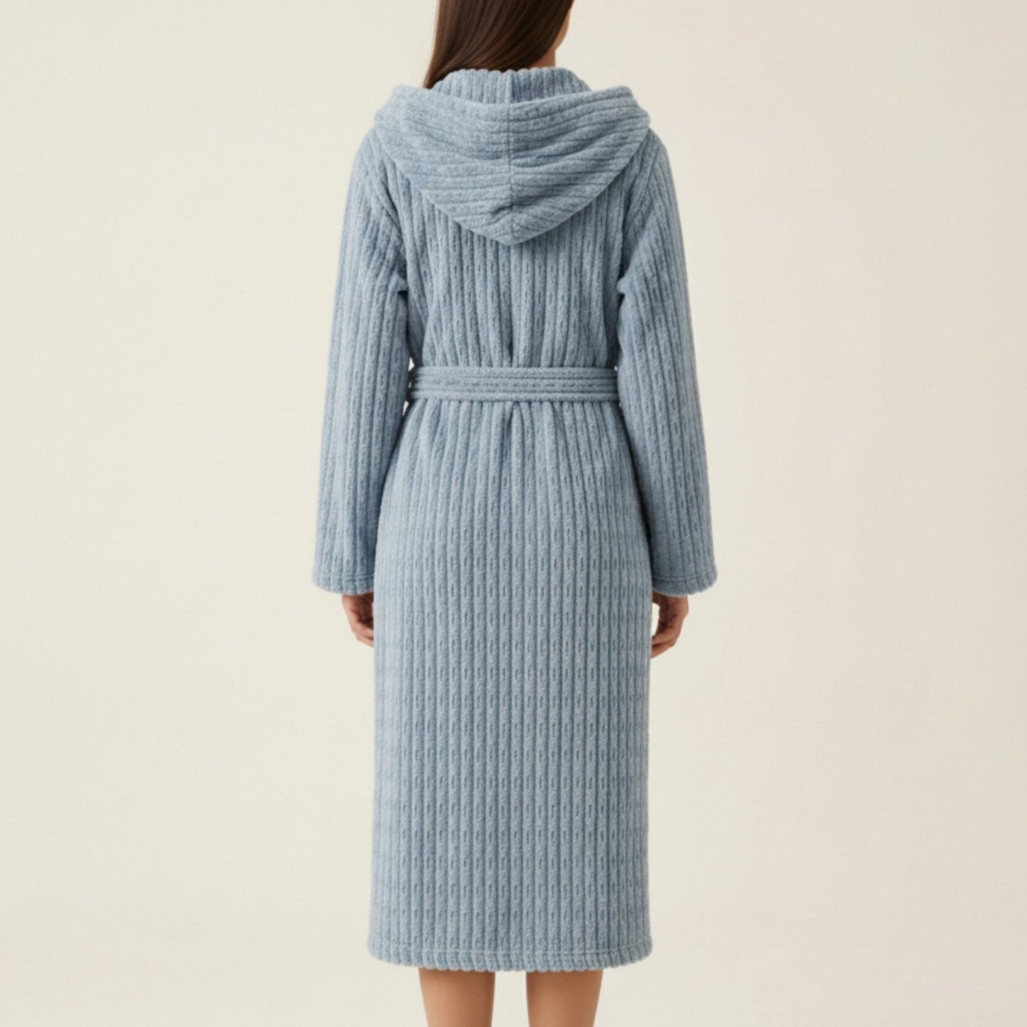 Hooded Plush Long Robe with Tie Waist Belt Textured Soft Warm Full Length Bathrobe