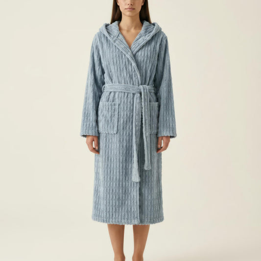 Hooded Plush Long Robe with Tie Waist Belt Textured Soft Warm Full Length Bathrobe