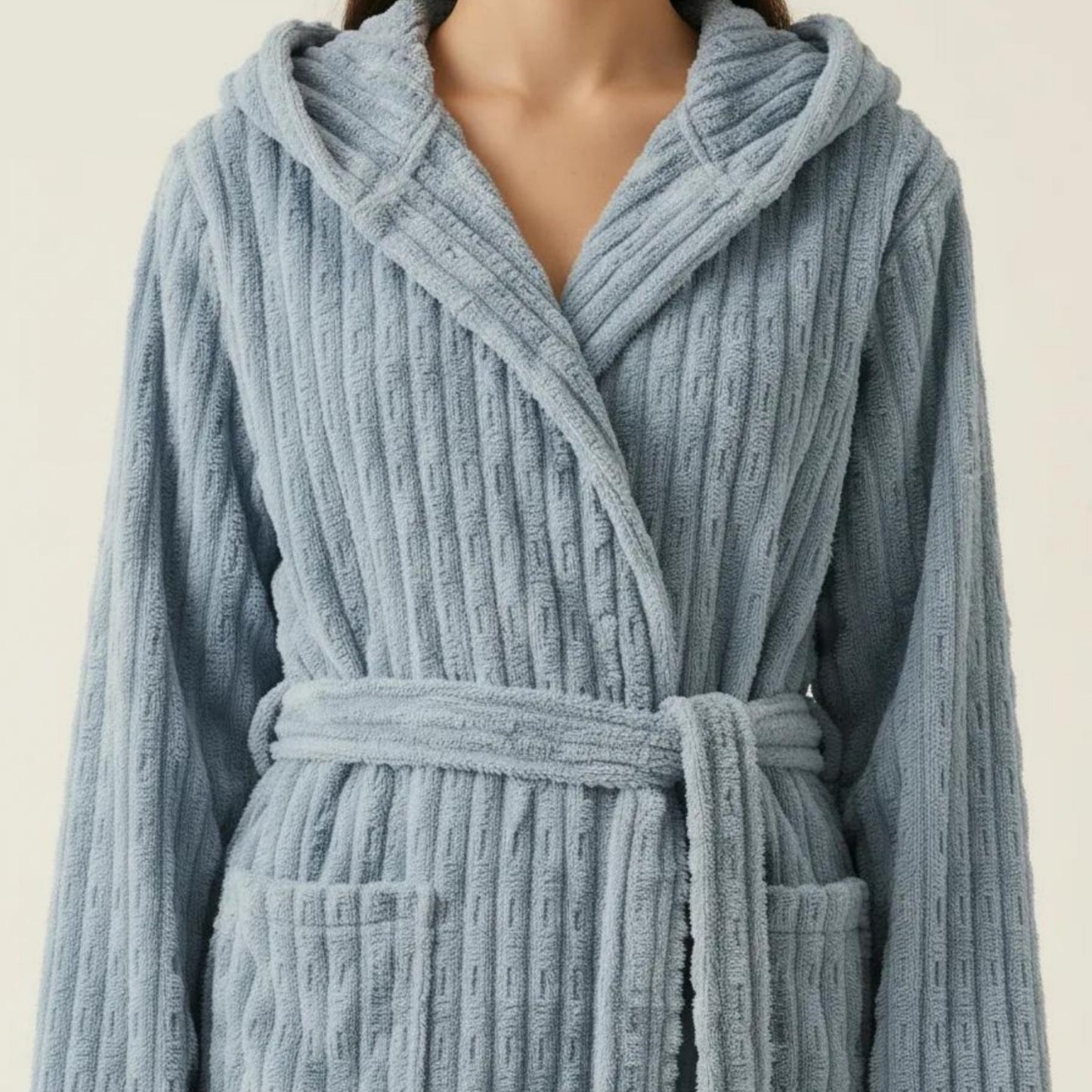 Hooded Plush Long Robe with Tie Waist Belt Textured Soft Warm Full Length Bathrobe
