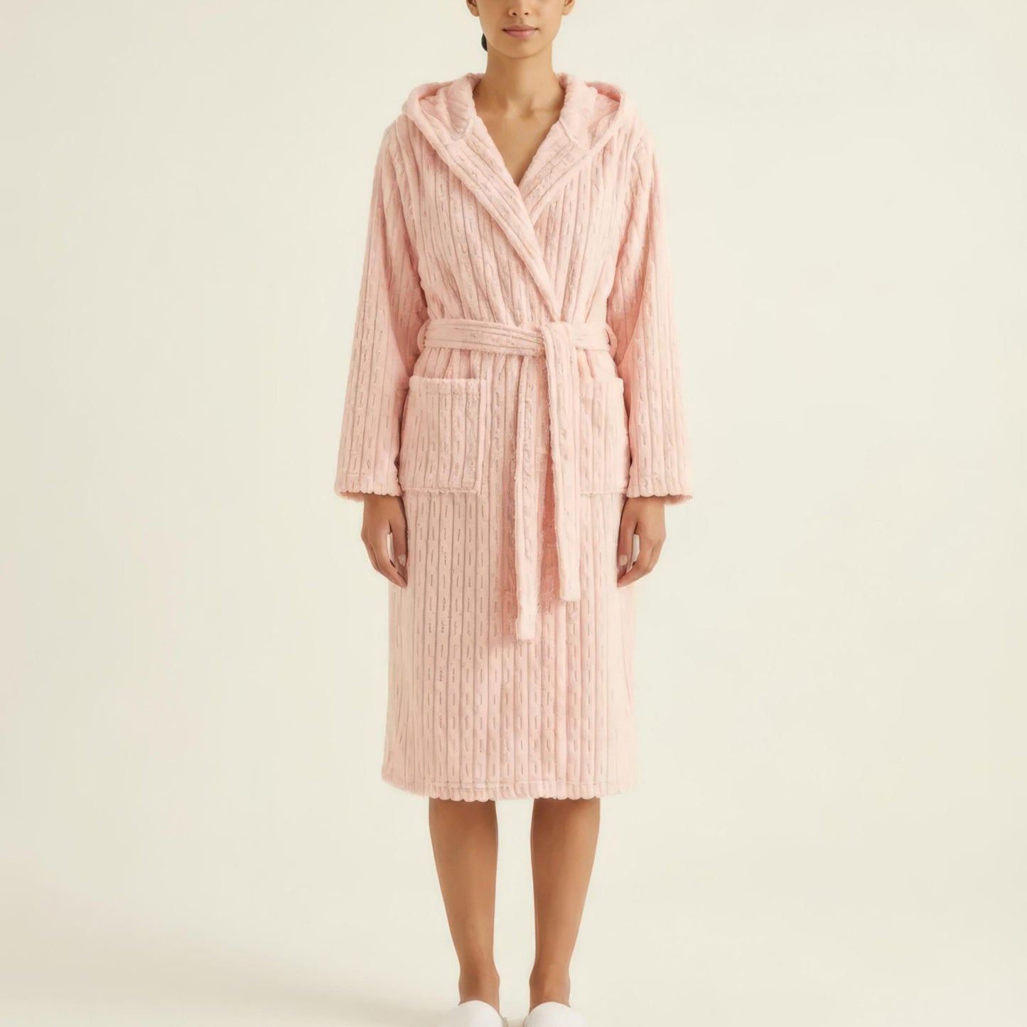 Hooded Plush Long Robe with Tie Waist Belt Textured Soft Warm Full Length Bathrobe