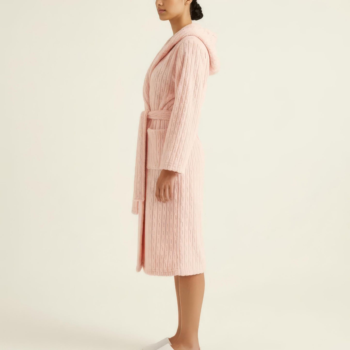 Hooded Plush Long Robe with Tie Waist Belt Textured Soft Warm Full Length Bathrobe