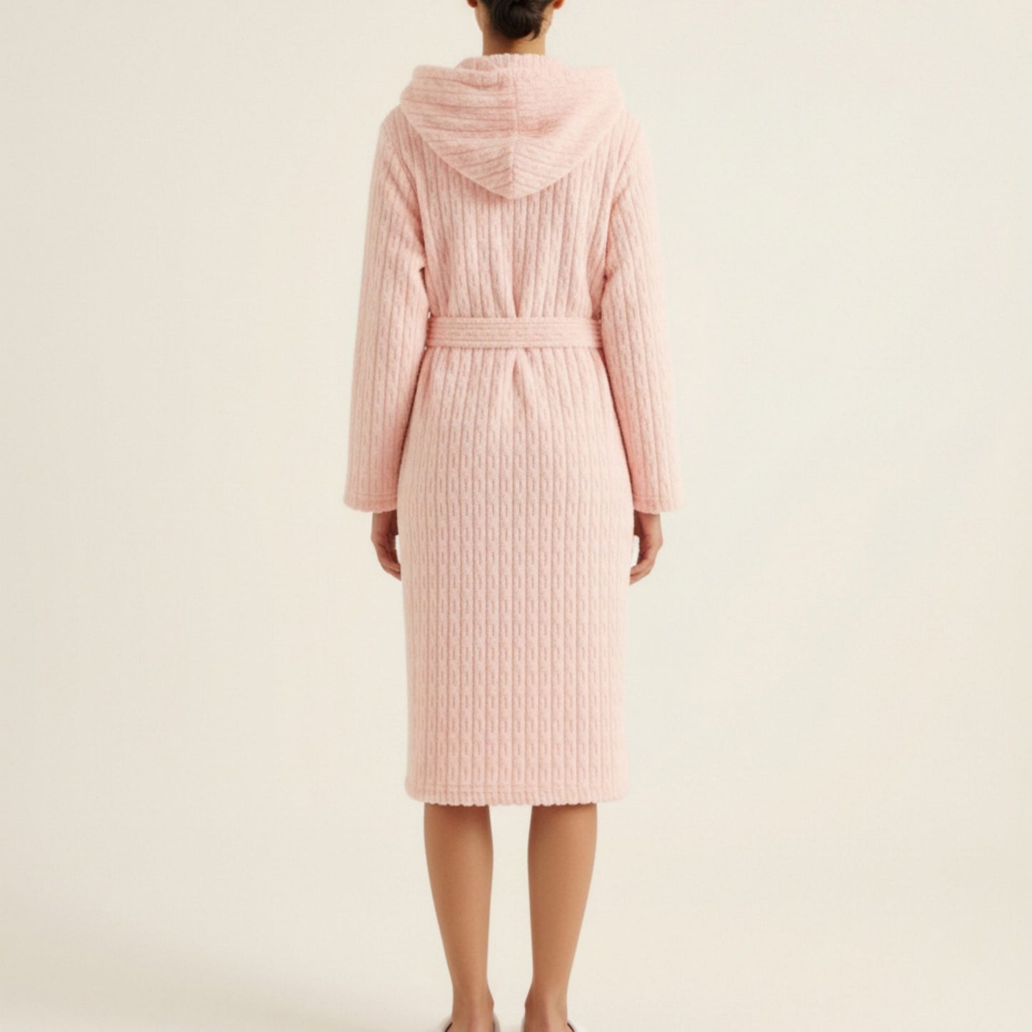 Hooded Plush Long Robe with Tie Waist Belt Textured Soft Warm Full Length Bathrobe