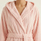 Hooded Plush Long Robe with Tie Waist Belt Textured Soft Warm Full Length Bathrobe