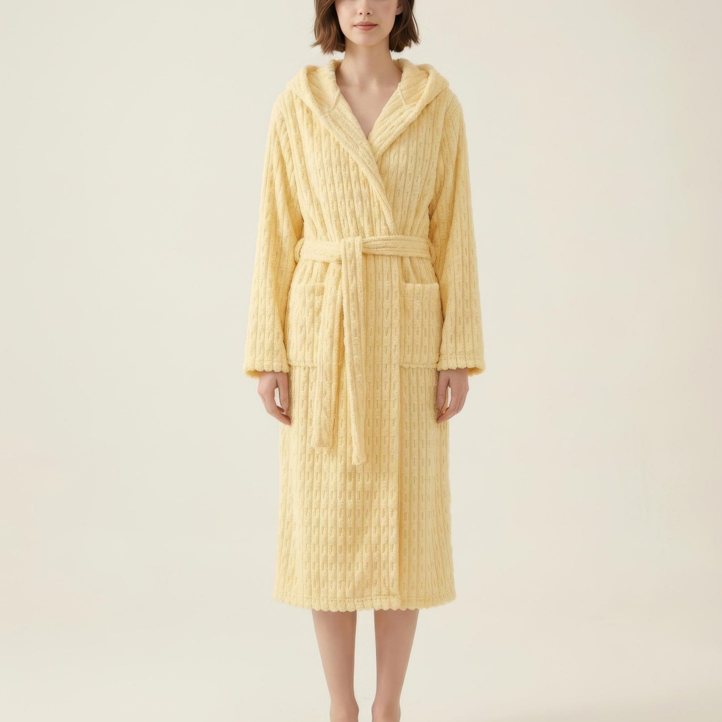 Hooded Plush Long Robe with Tie Waist Belt Textured Soft Warm Full Length Bathrobe