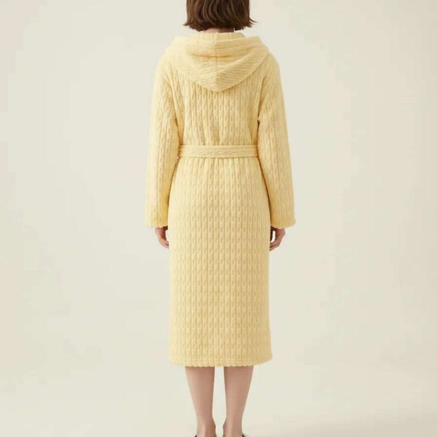 Hooded Plush Long Robe with Tie Waist Belt Textured Soft Warm Full Length Bathrobe