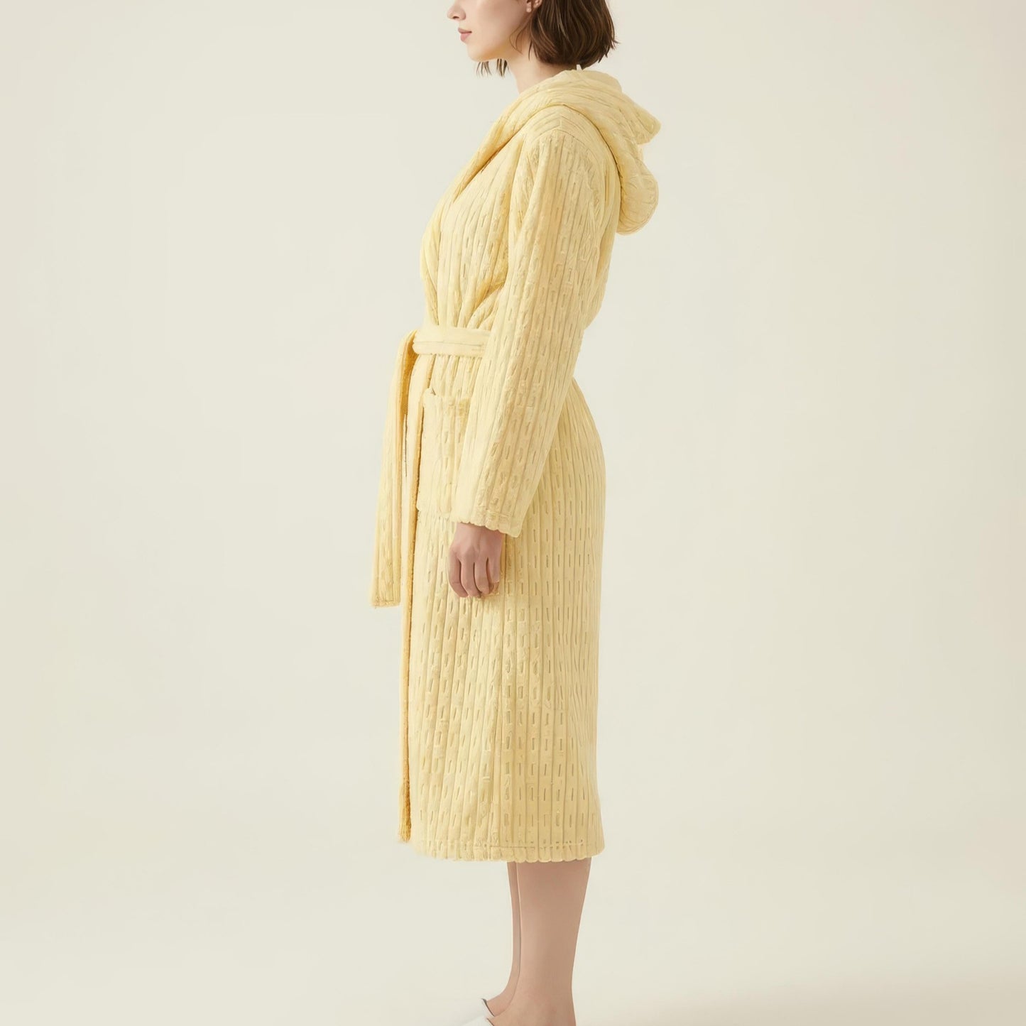 Hooded Plush Long Robe with Tie Waist Belt Textured Soft Warm Full Length Bathrobe