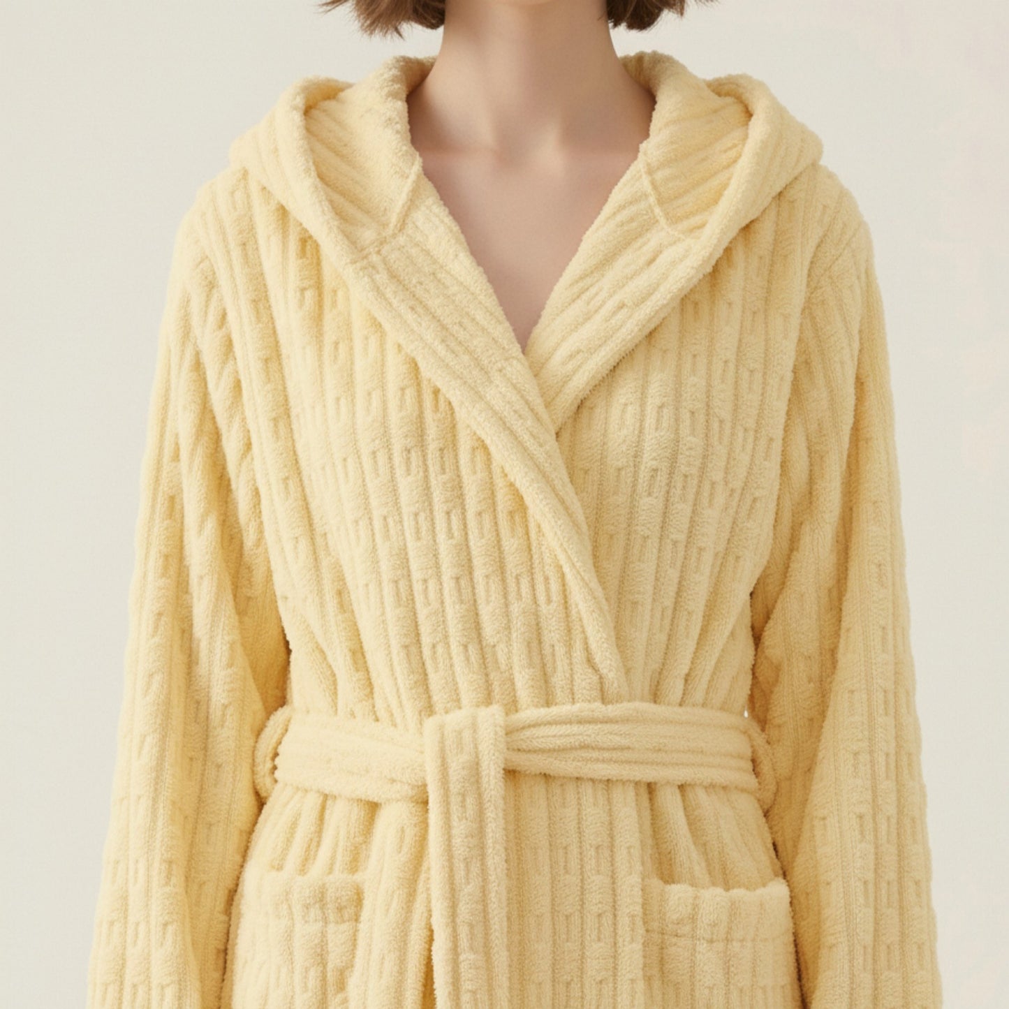 Hooded Plush Long Robe with Tie Waist Belt Textured Soft Warm Full Length Bathrobe