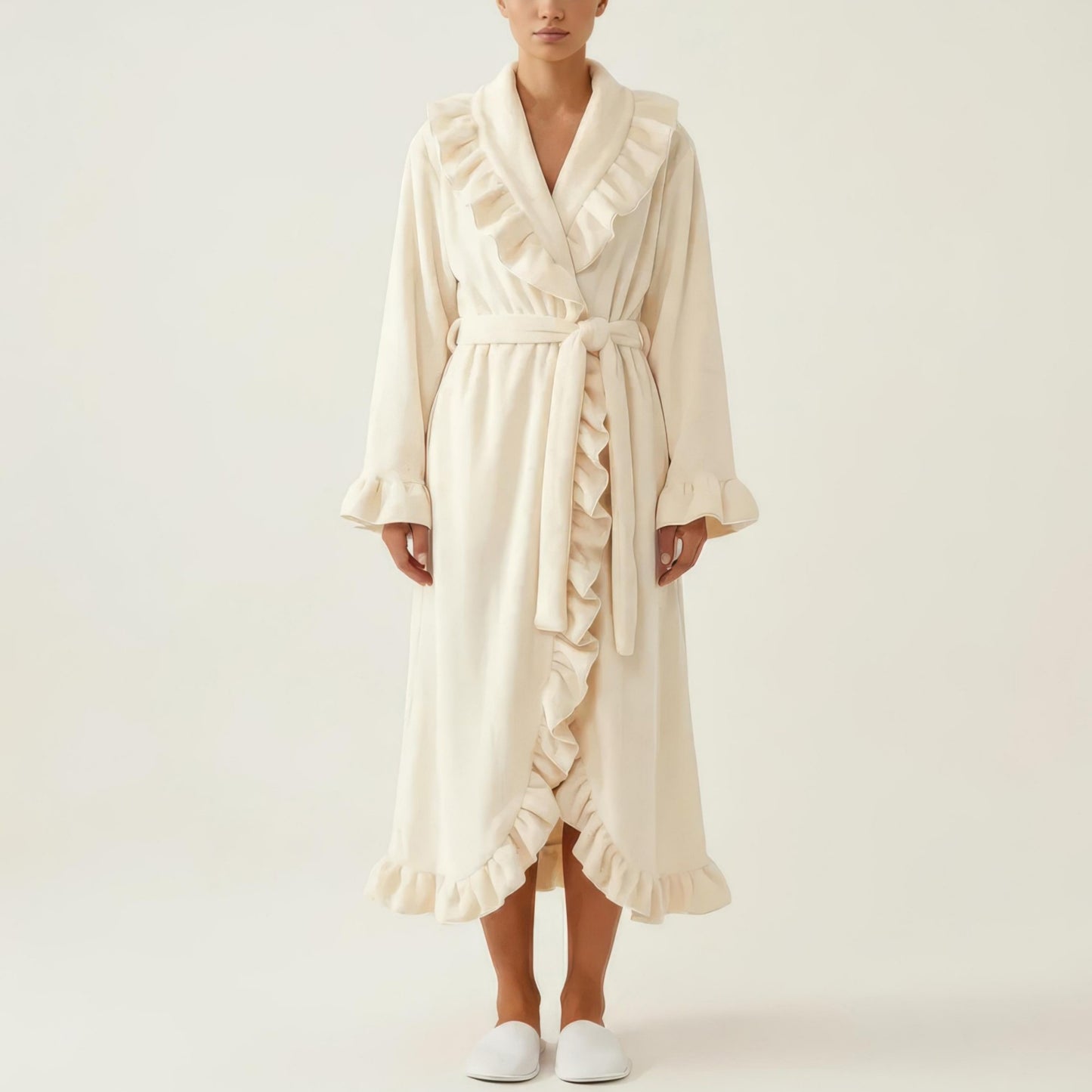 Long Sleeve Wrap Robe with Ruffle Trim Shawl Collar Tie Waist Belt Soft Lightweight Robe