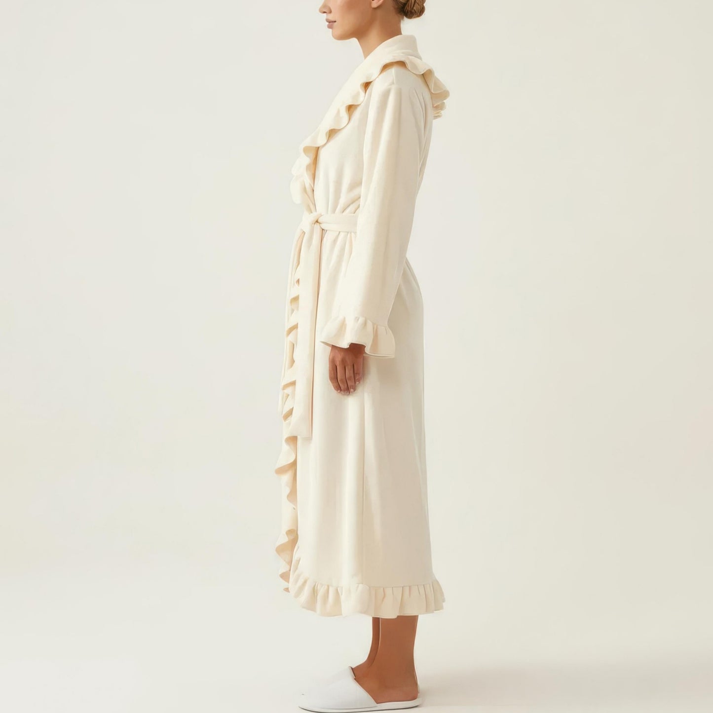 Long Sleeve Wrap Robe with Ruffle Trim Shawl Collar Tie Waist Belt Soft Lightweight Robe