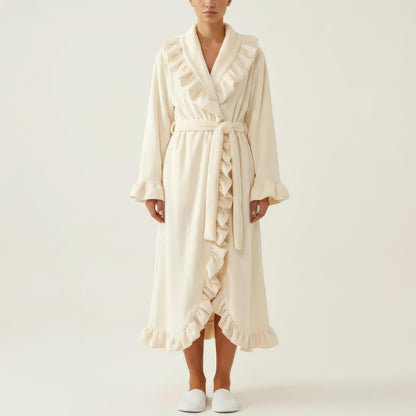 Long Sleeve Wrap Robe with Ruffle Trim Shawl Collar Tie Waist Belt Soft Lightweight Robe