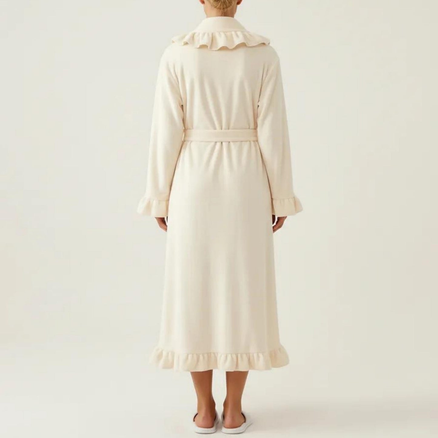 Long Sleeve Wrap Robe with Ruffle Trim Shawl Collar Tie Waist Belt Soft Lightweight Robe