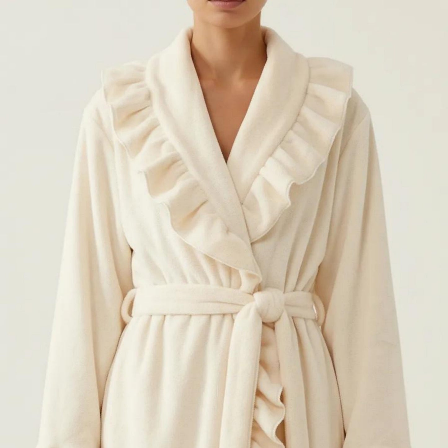 Long Sleeve Wrap Robe with Ruffle Trim Shawl Collar Tie Waist Belt Soft Lightweight Robe