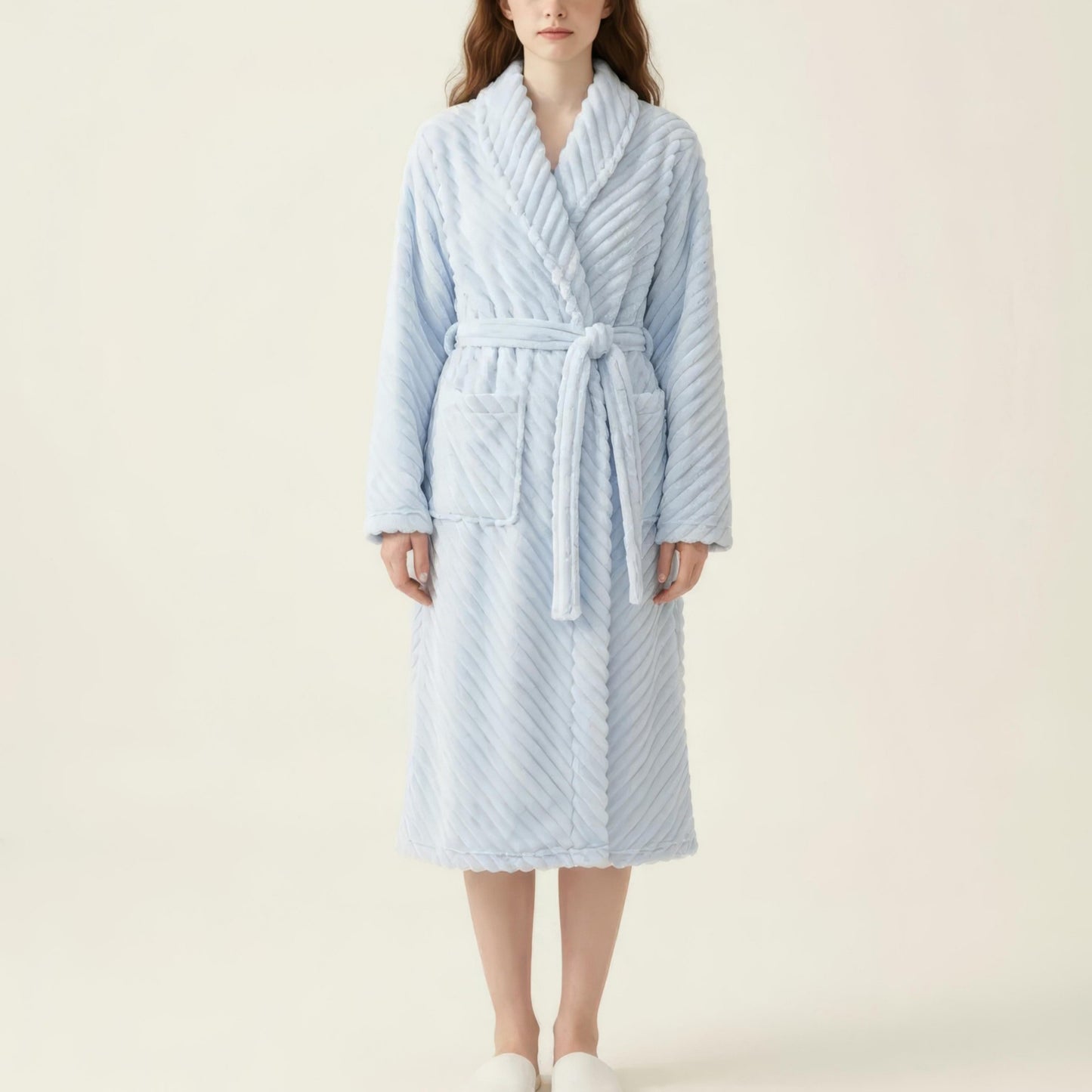 Plush Textured Long Robe with Shawl Collar Tie Waist Belt Soft Warm Full Length Bathrobe