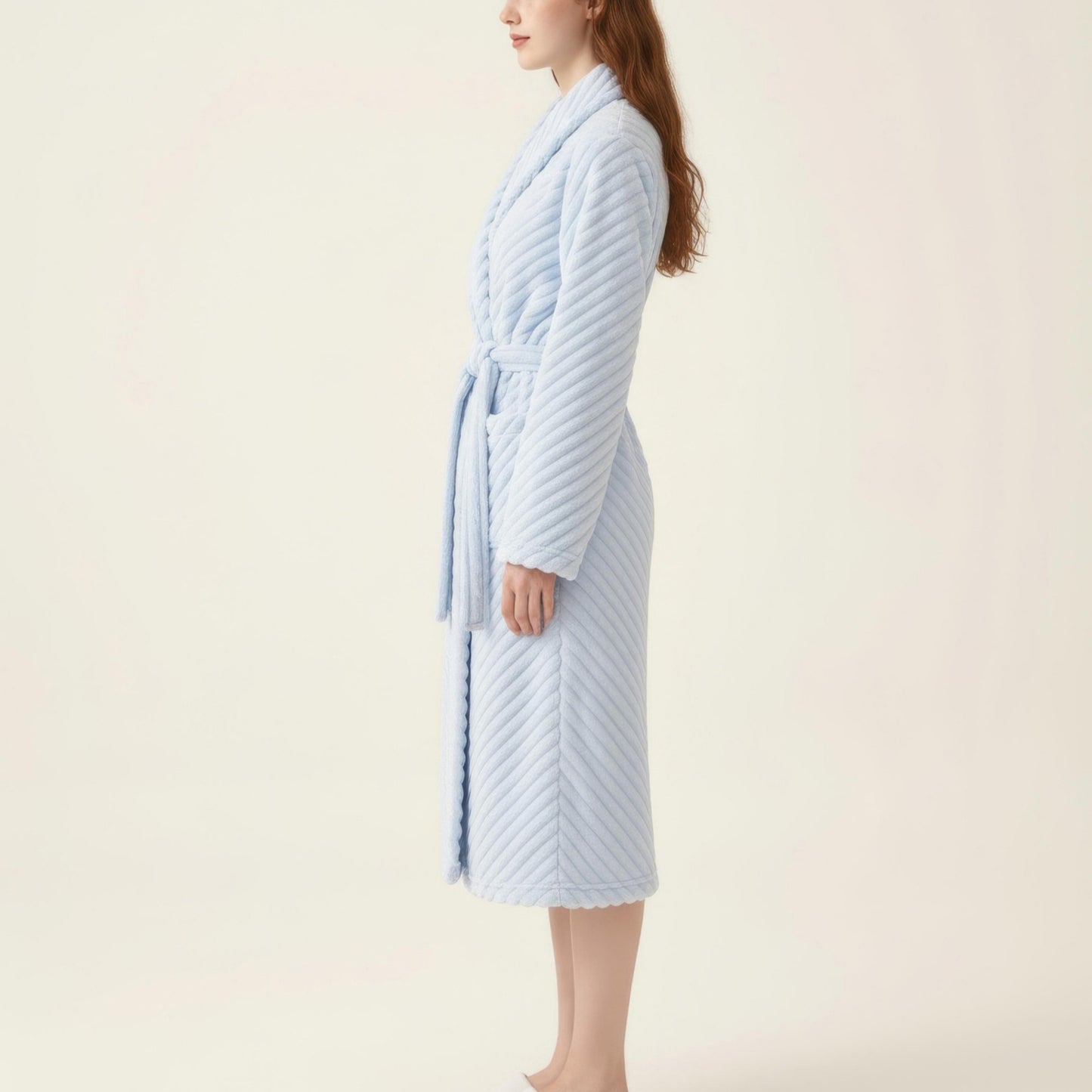 Plush Textured Long Robe with Shawl Collar Tie Waist Belt Soft Warm Full Length Bathrobe