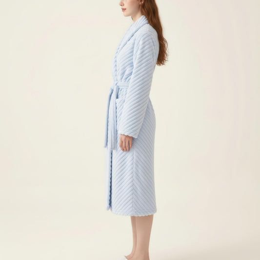 Plush Textured Long Robe with Shawl Collar Tie Waist Belt Soft Warm Full Length Bathrobe