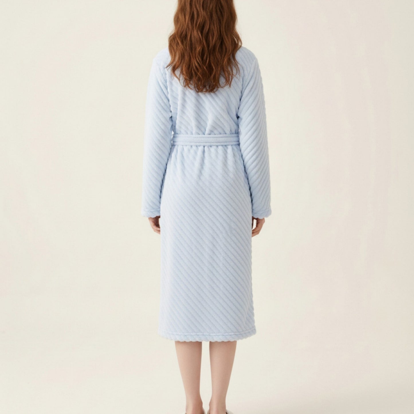 Plush Textured Long Robe with Shawl Collar Tie Waist Belt Soft Warm Full Length Bathrobe