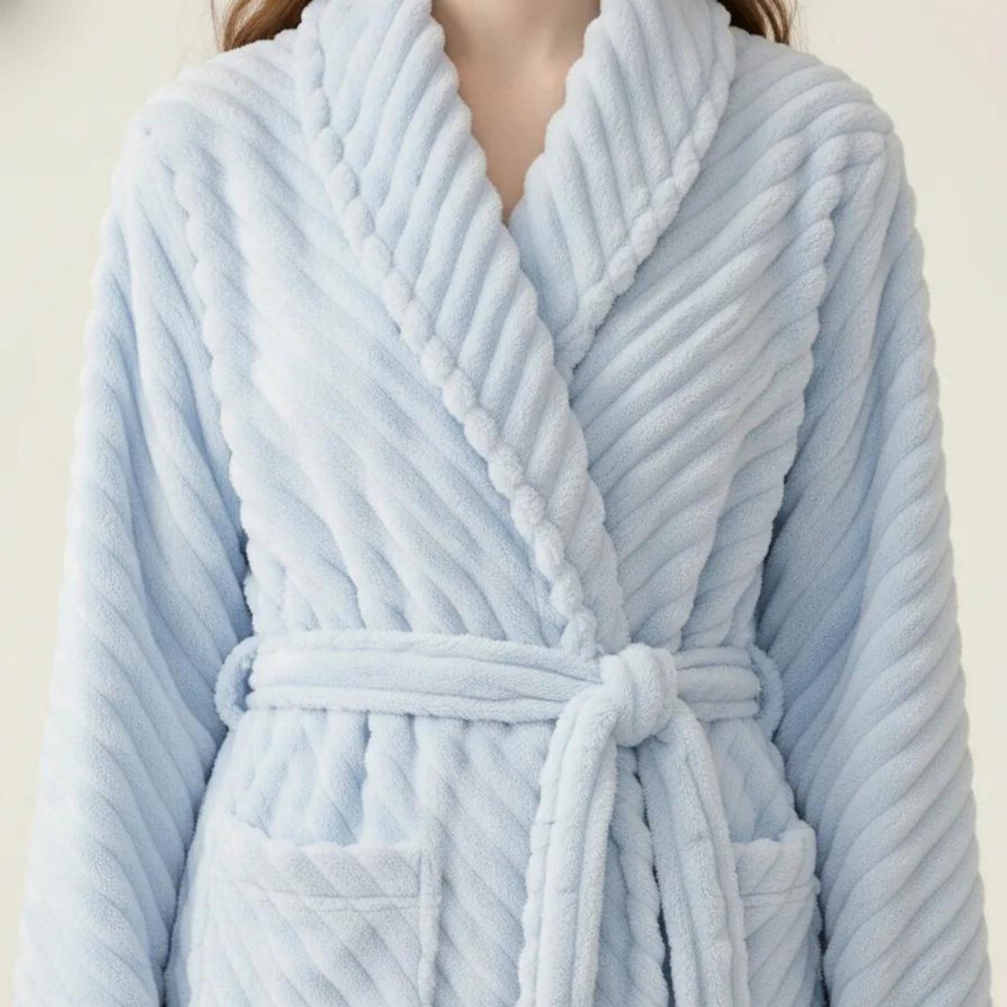 Plush Textured Long Robe with Shawl Collar Tie Waist Belt Soft Warm Full Length Bathrobe