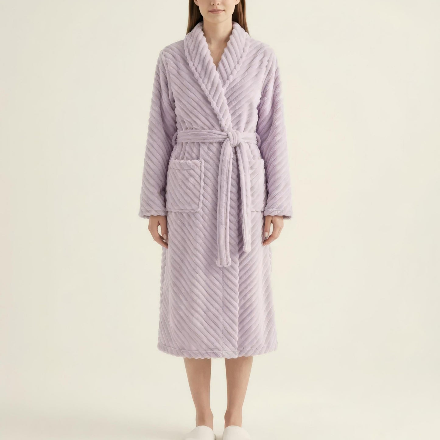 Plush Textured Long Robe with Shawl Collar Tie Waist Belt Soft Warm Full Length Bathrobe