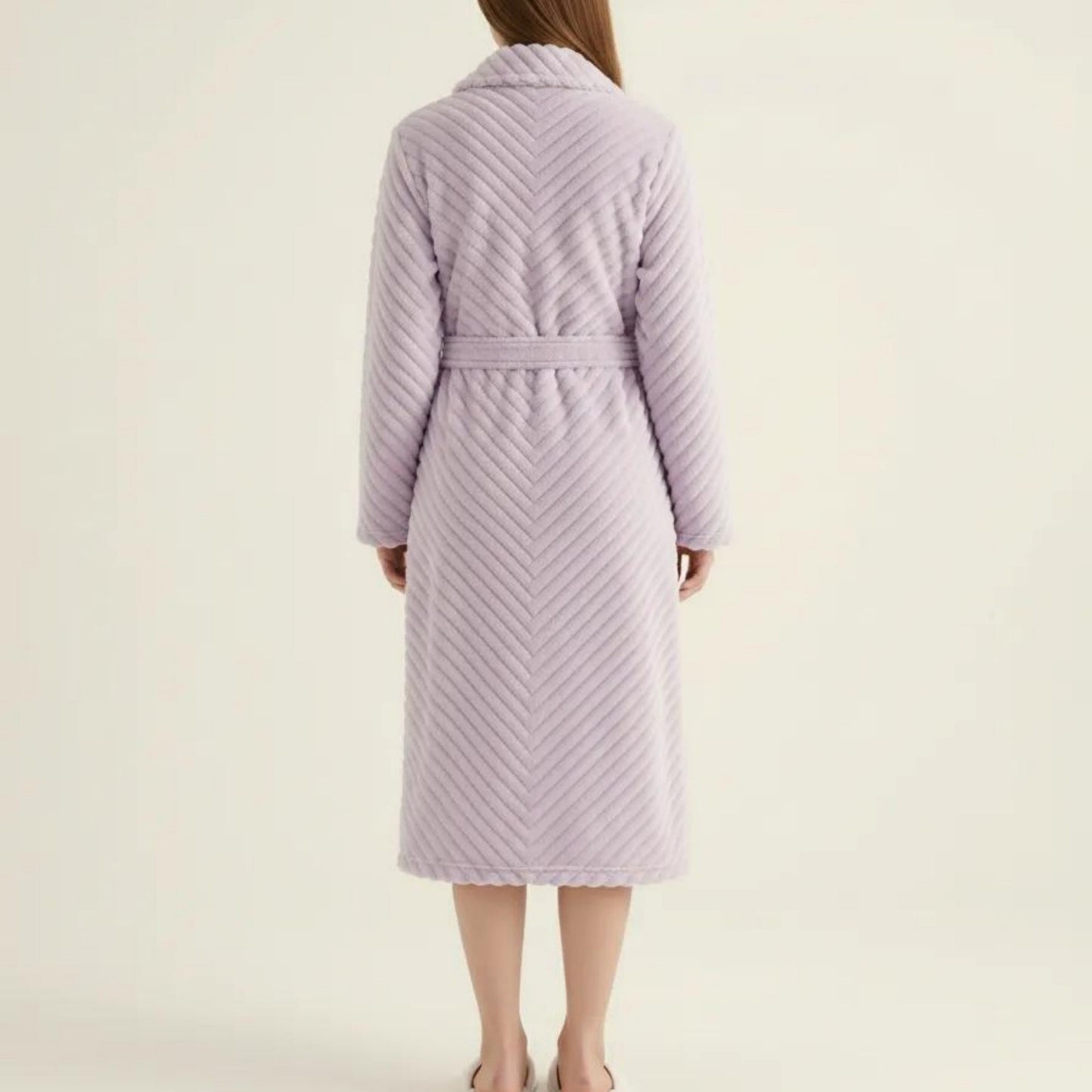 Plush Textured Long Robe with Shawl Collar Tie Waist Belt Soft Warm Full Length Bathrobe