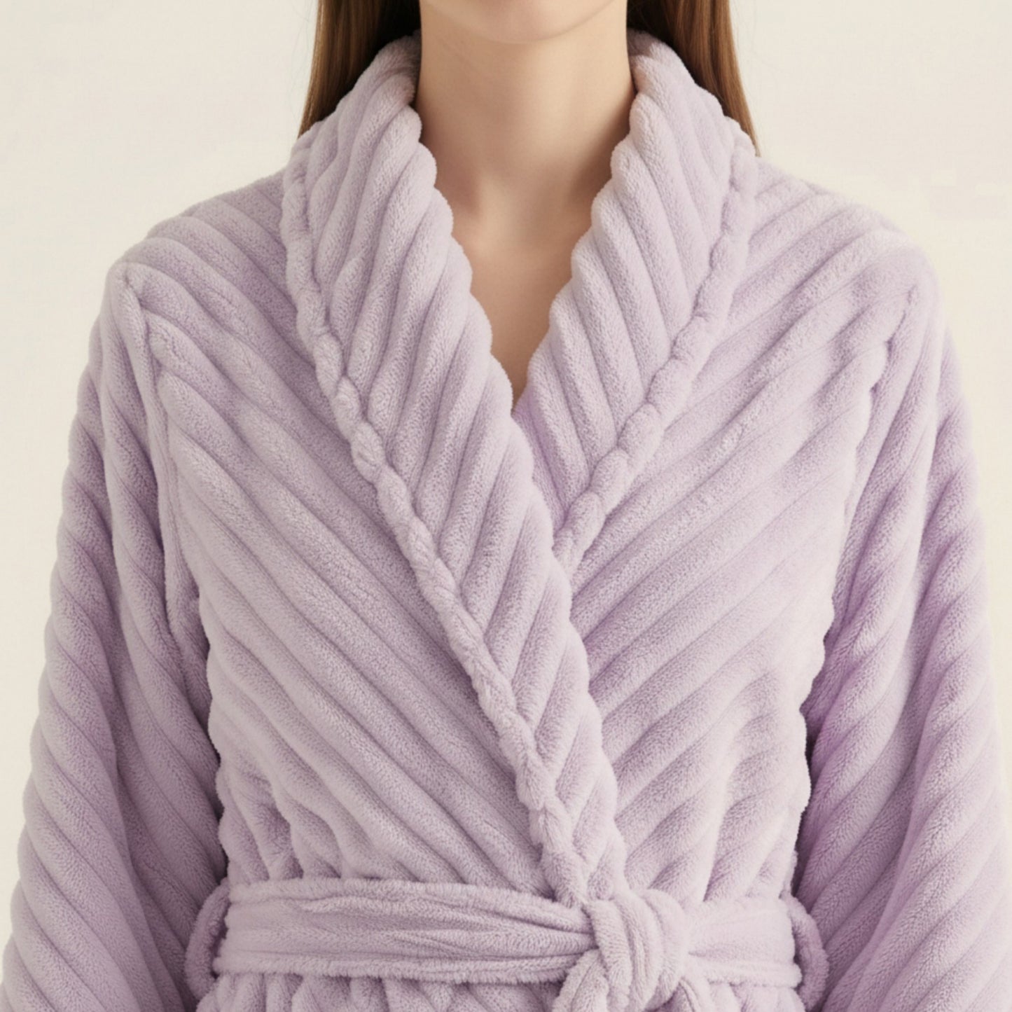 Plush Textured Long Robe with Shawl Collar Tie Waist Belt Soft Warm Full Length Bathrobe