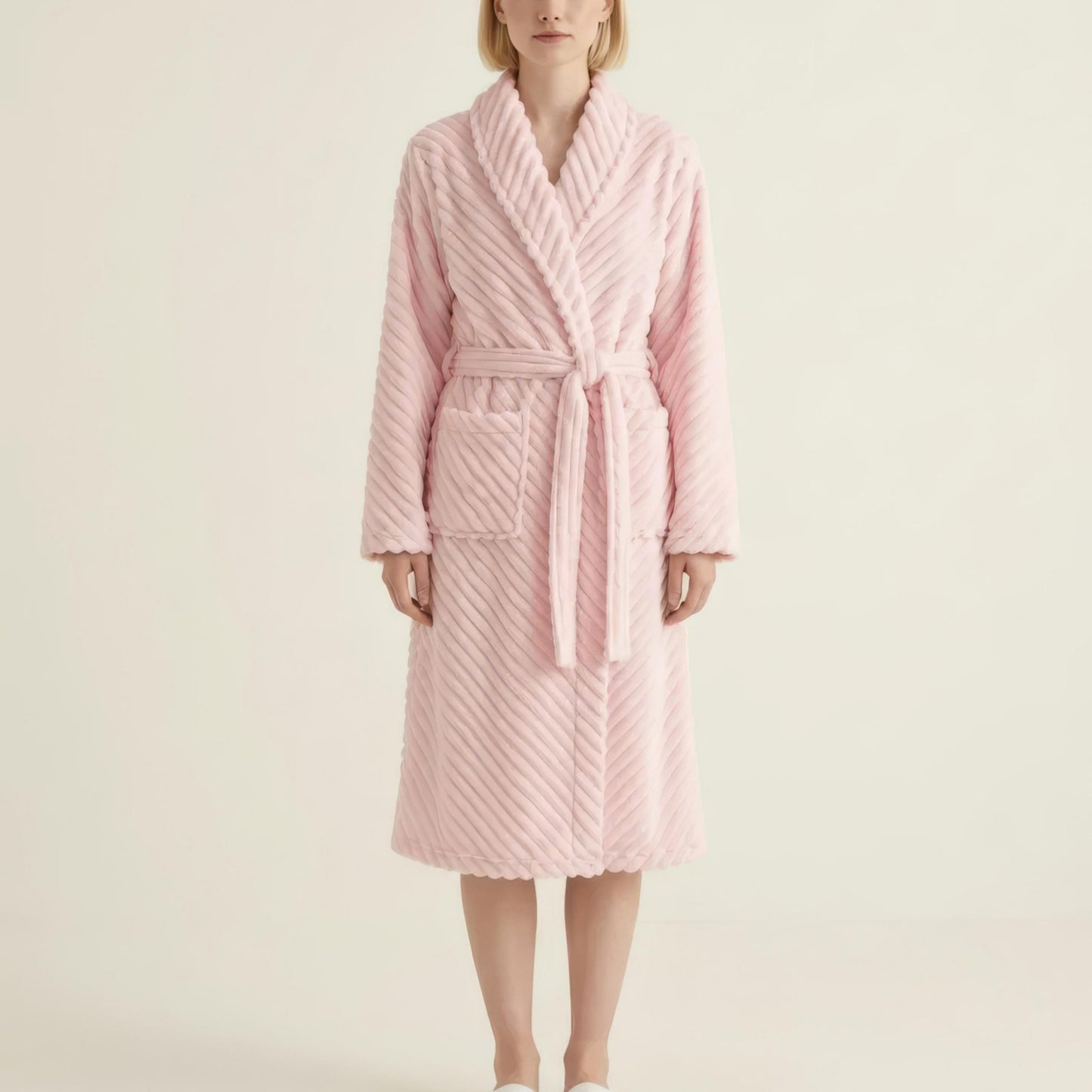 Plush Textured Long Robe with Shawl Collar Tie Waist Belt Soft Warm Full Length Bathrobe