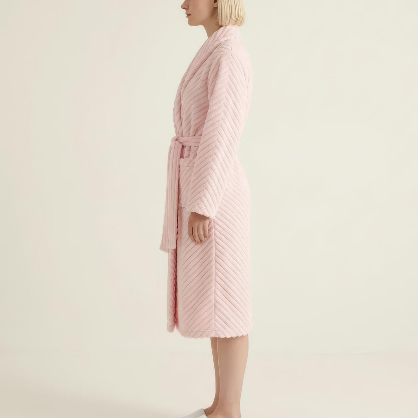 Plush Textured Long Robe with Shawl Collar Tie Waist Belt Soft Warm Full Length Bathrobe