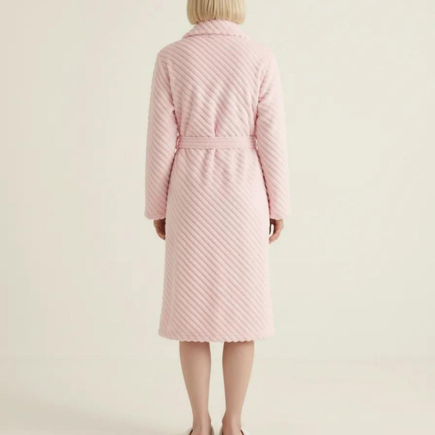 Plush Textured Long Robe with Shawl Collar Tie Waist Belt Soft Warm Full Length Bathrobe
