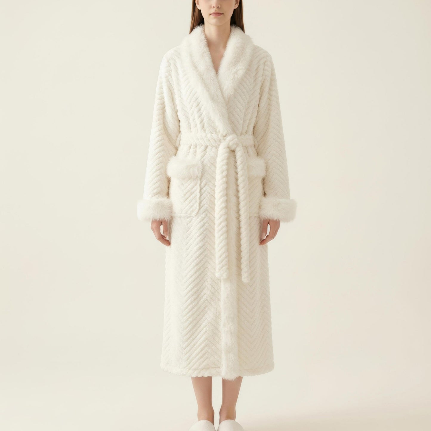 Plush Long Robe with Faux Fur Trim Shawl Collar Tie Waist Belt Textured Soft Warm Robe