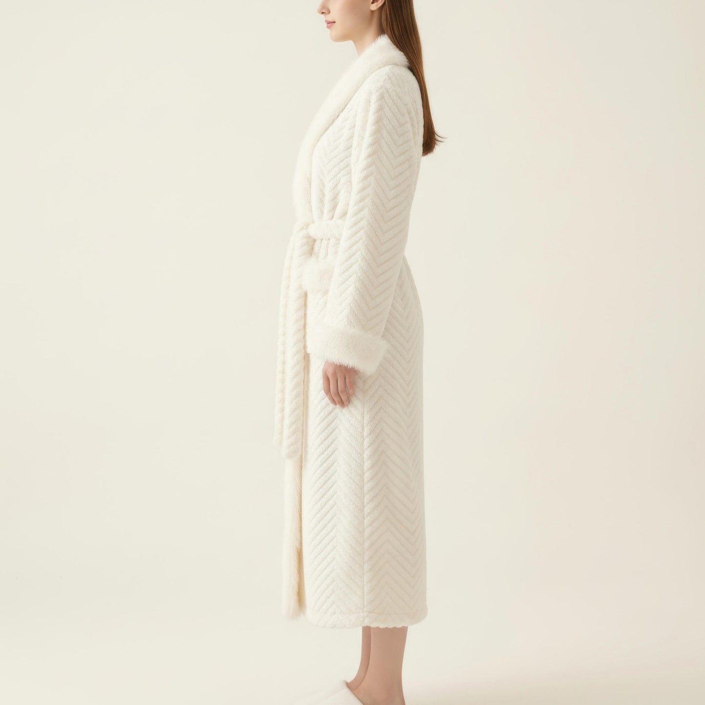 Plush Long Robe with Faux Fur Trim Shawl Collar Tie Waist Belt Textured Soft Warm Robe