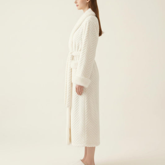 Plush Long Robe with Faux Fur Trim Shawl Collar Tie Waist Belt Textured Soft Warm Robe