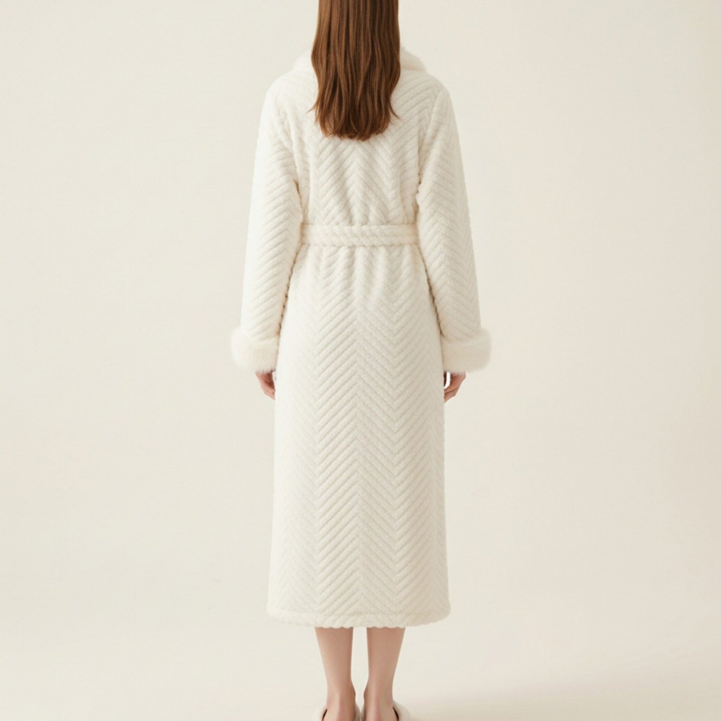 Plush Long Robe with Faux Fur Trim Shawl Collar Tie Waist Belt Textured Soft Warm Robe