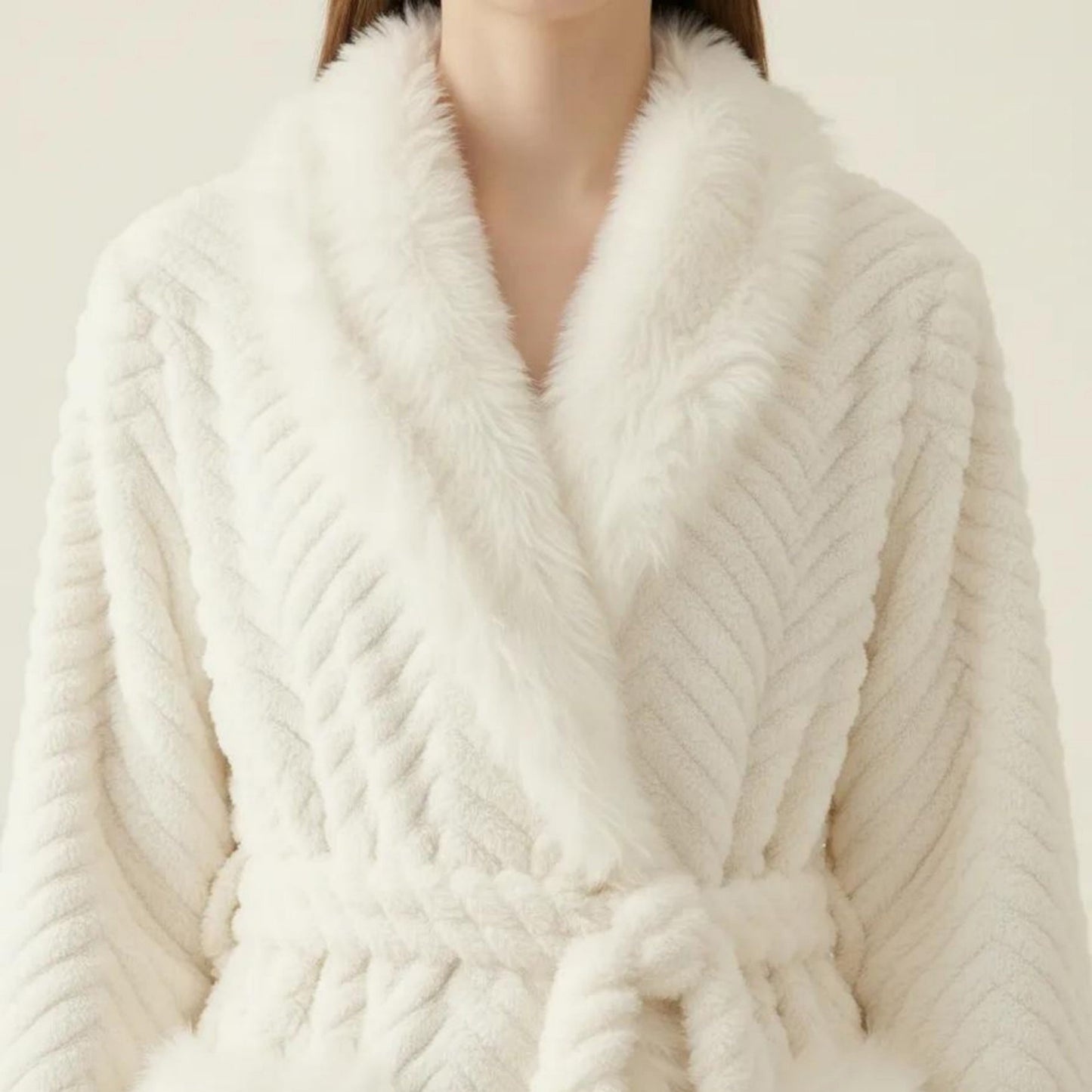 Plush Long Robe with Faux Fur Trim Shawl Collar Tie Waist Belt Textured Soft Warm Robe