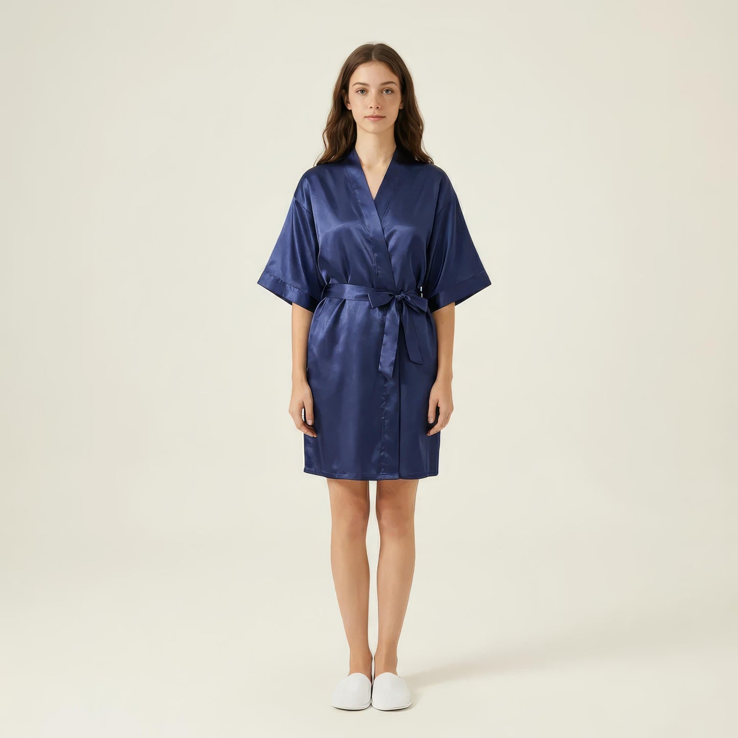 Satin Wrap Robe with Self Tie Waist Belt Short Sleeve Silky Smooth Lightweight Robe