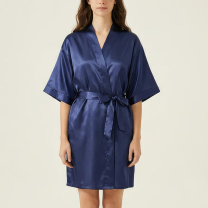 Satin Wrap Robe with Self Tie Waist Belt Short Sleeve Silky Smooth Lightweight Robe