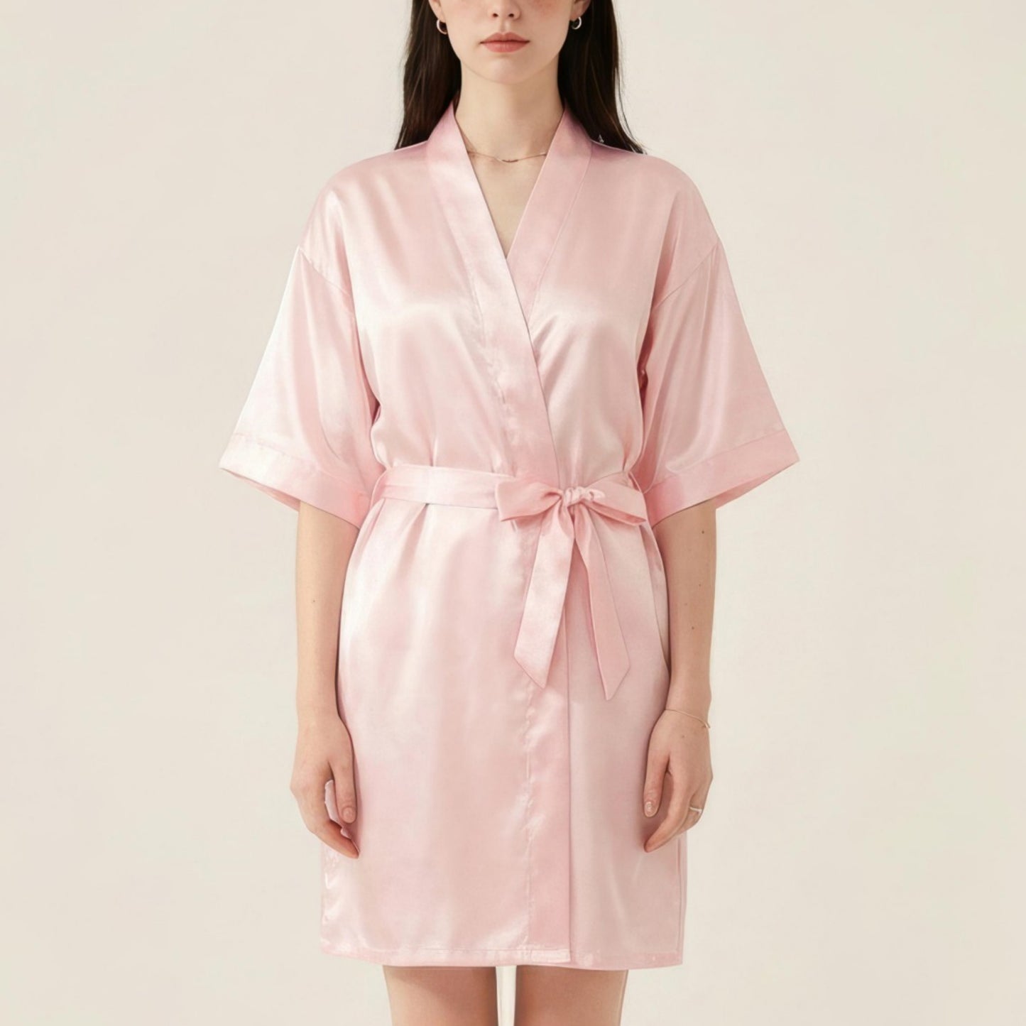 Satin Wrap Robe with Self Tie Waist Belt Short Sleeve Silky Smooth Lightweight Robe