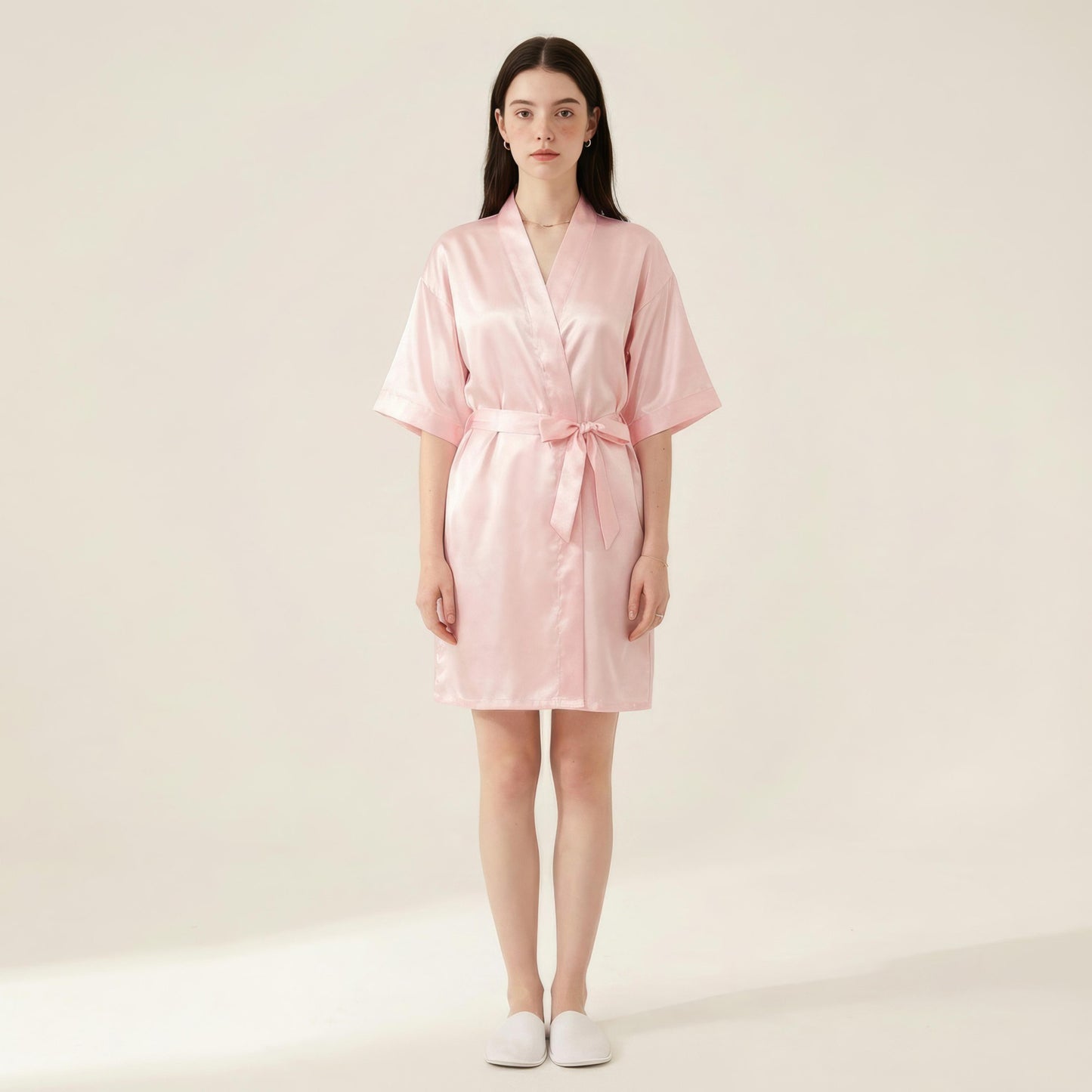 Satin Wrap Robe with Self Tie Waist Belt Short Sleeve Silky Smooth Lightweight Robe