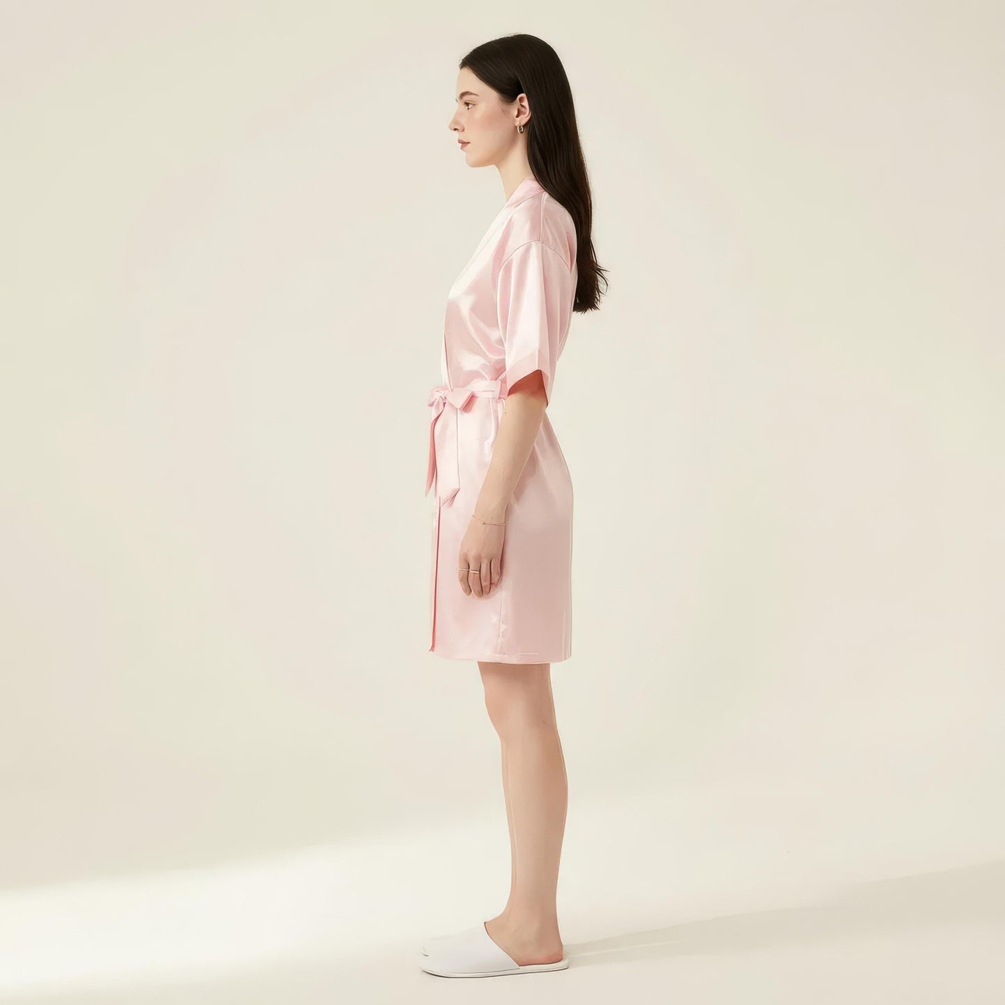 Satin Wrap Robe with Self Tie Waist Belt Short Sleeve Silky Smooth Lightweight Robe
