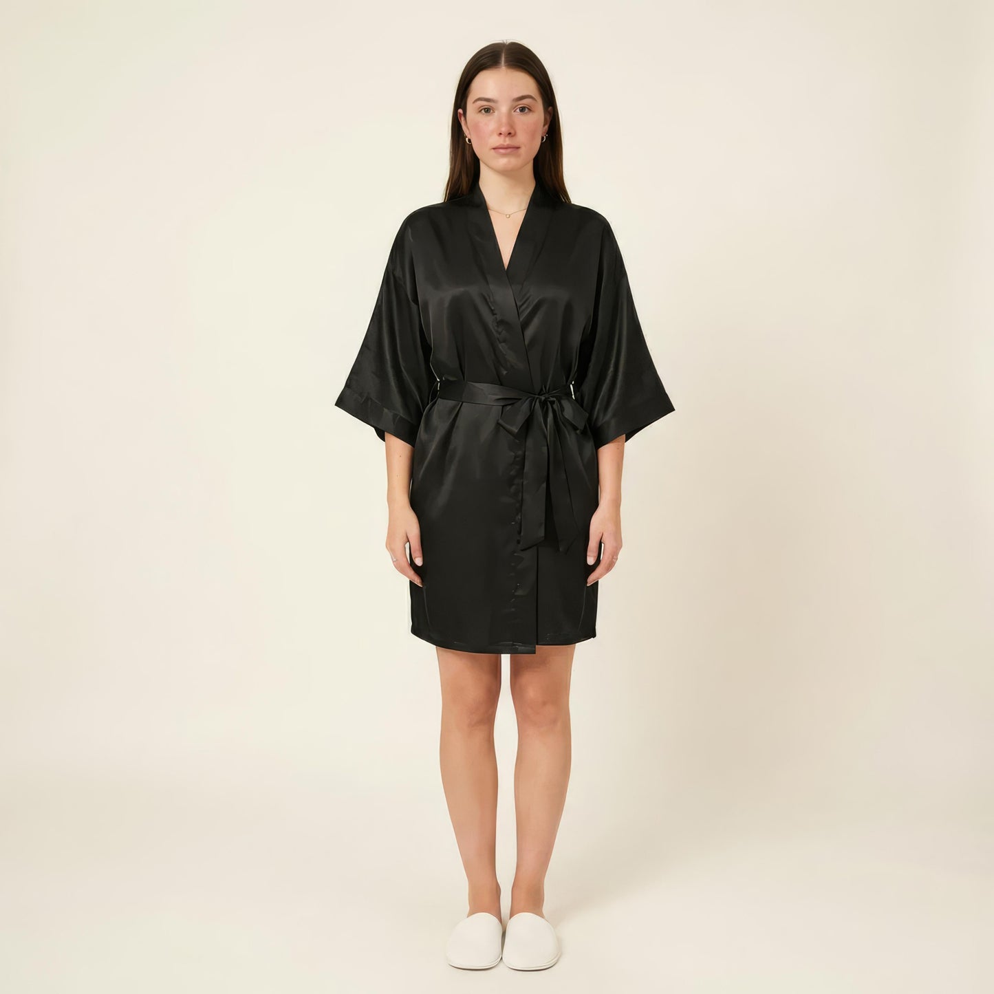 Satin Wrap Robe with Self Tie Waist Belt Wide Sleeves and Smooth Lightweight Silky Finish