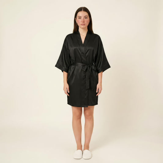 Satin Wrap Robe with Self Tie Waist Belt Wide Sleeves and Smooth Lightweight Silky Finish