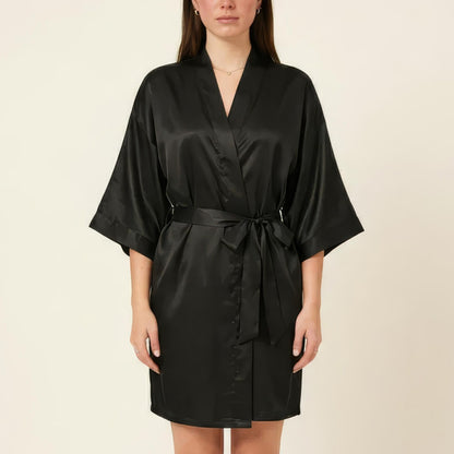 Satin Wrap Robe with Self Tie Waist Belt Wide Sleeves and Smooth Lightweight Silky Finish