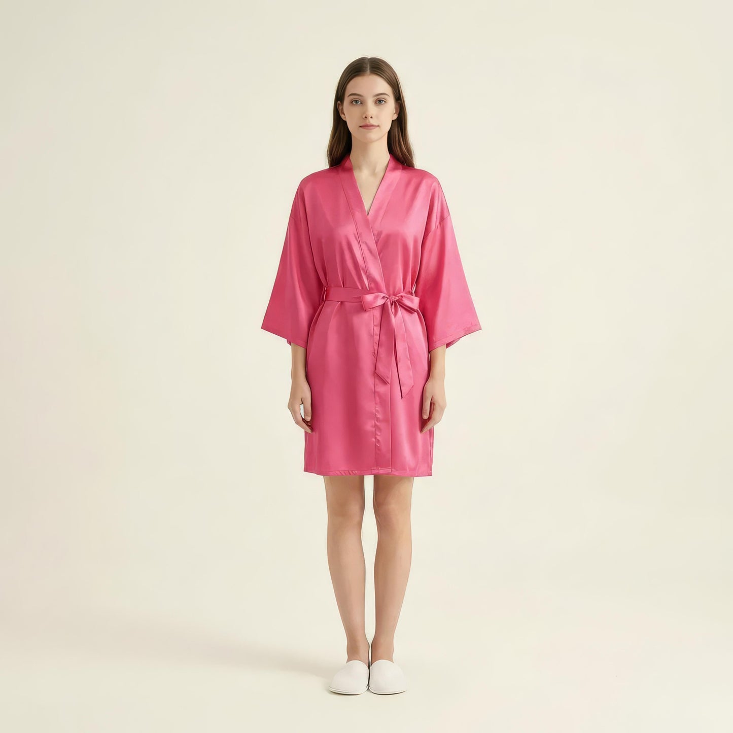 Satin Wrap Robe with Self Tie Waist Belt Wide Sleeves and Smooth Lightweight Silky Finish