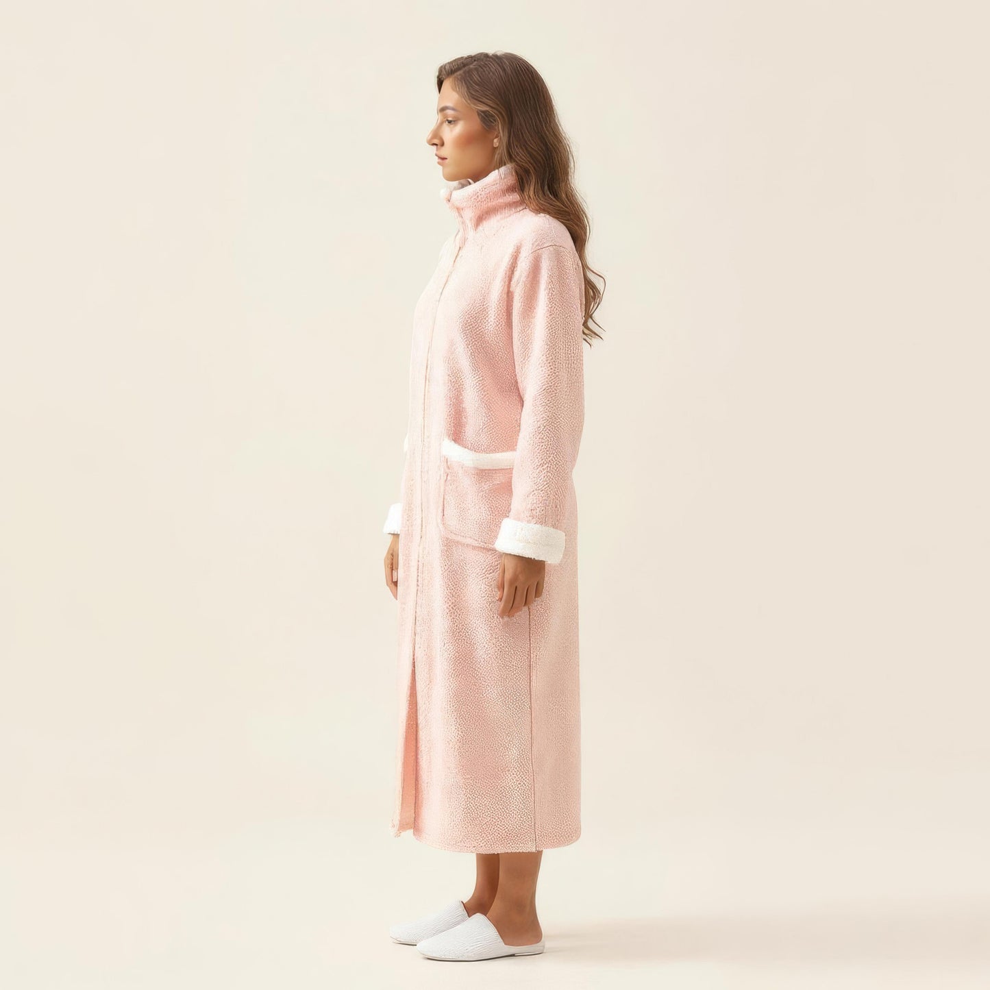 Long Plush Zip Front Robe with Stand Collar Front Pockets Soft Fleece Robe