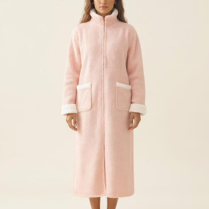 Long Plush Zip Front Robe with Stand Collar Front Pockets Soft Fleece Robe