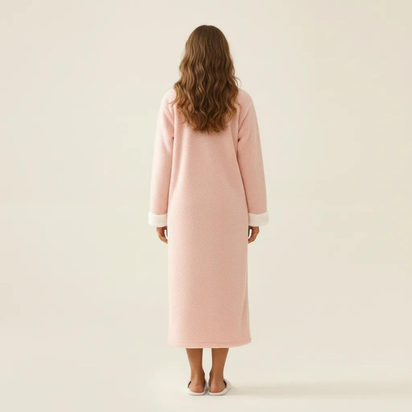 Long Plush Zip Front Robe with Stand Collar Front Pockets Soft Fleece Robe