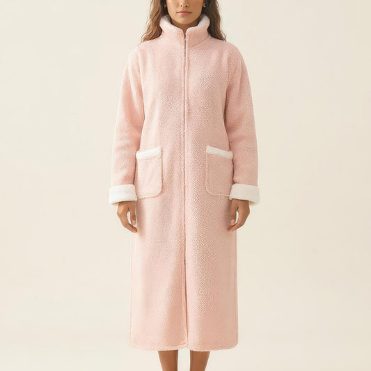 Long Plush Zip Front Robe with Stand Collar Front Pockets Soft Fleece Robe